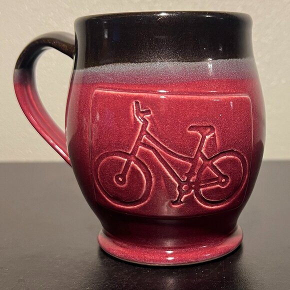 Handcrafted Hand Thrown Glazed Pottery Mug w/ Incised Bicycle by Jenny Blasen - Picture 1 of 16